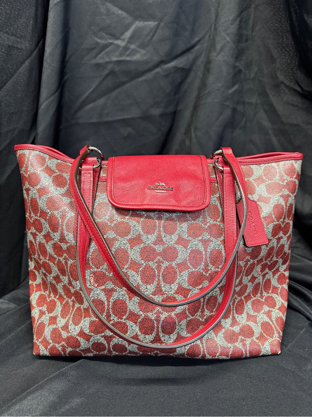 Coach Red Signature Canvas Tote with Red Leather Trim